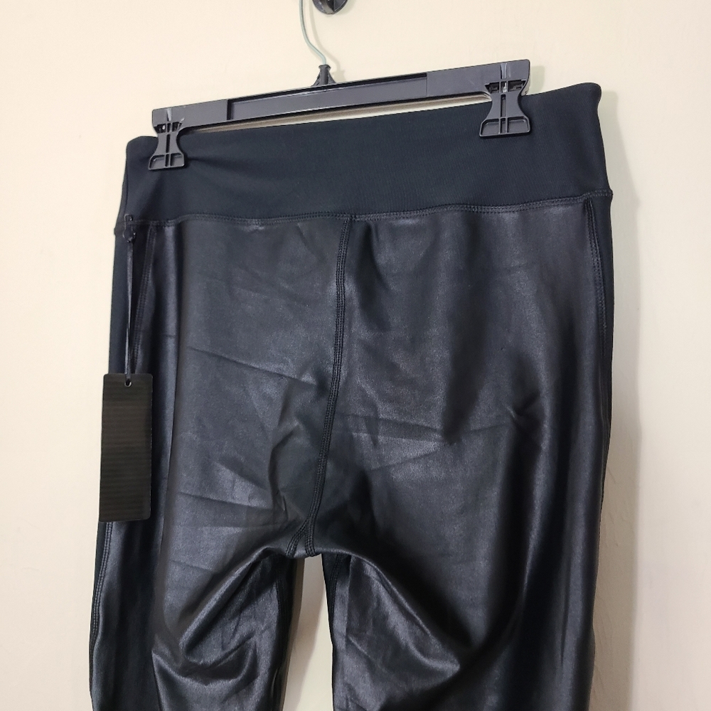 Bebe Sport Black Faux Leather Leggings Womens L Rhinestone‎ Logo Rockstar Glam - Picture 7 of 8